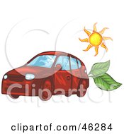 Poster, Art Print Of The Sun Over A Red Solar Powered Car With Leaves In The Back