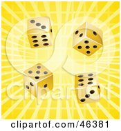 Royalty Free RF Clipart Illustration Of Four Lucky Gold Casino Dice Rolling On A Bursting Yellow Background by elaineitalia