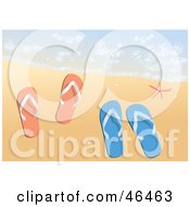 Royalty Free RF Clipart Illustration Of Pairs Of Male And Female Flip Flops Where The Surf Meets The Sand On A Beach by Eugene