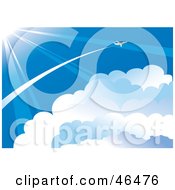 Royalty Free RF Clipart Illustration Of A Plane Flying Through The Vast Blue Sky Above The Clouds And In The Sun Light