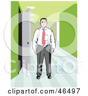 Corporate Businessman Wearing A Badge And Standing In An Office Hallway