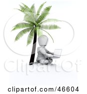 Royalty Free RF Clipart Illustration Of A 3d White Character Seated With A Laptop Under A Palm Tree by KJ Pargeter