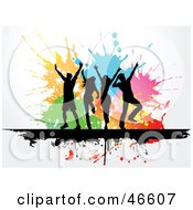 Royalty Free RF Clipart Illustration Of Silhouetted Party Dancers On A Colorful Splatter Background by KJ Pargeter