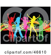 Royalty Free RF Clipart Illustration Of A Group Of Colorful Girl Silhouettes Dancing On Black