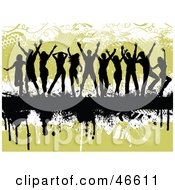 Poster, Art Print Of Silhouetted Group Of Dancing Young Adults On A Green Grunge Background