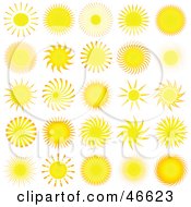 Royalty Free RF Clipart Illustration Of A Digital Collage Of Bright Yellow Summer Suns On White by KJ Pargeter