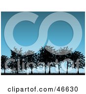 Royalty Free RF Clipart Illustration Of A Group Of Silhouetted Park Trees Against A Blue Evening Sky by KJ Pargeter