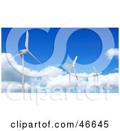 Three 3d Turbine Generators At A Wind Farm Against A Blue Sky