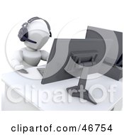 Poster, Art Print Of 3d White Character Taking Phone Calls On A Headset At A Work Station