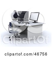 3d White Character Using A Computer And Headset In A Call Center