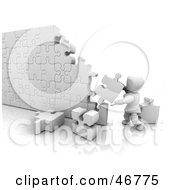 Poster, Art Print Of 3d White Character Assembling A Puzzle Wall