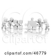 Royalty Free RF Clipart Illustration Of 3d White Characters Pushing Together Puzzle Pieces To Solve A Problem