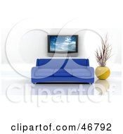 Poster, Art Print Of Blue 3d Sofa And Vase Under A Plasma Tv In A Modern Living Room