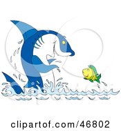 Royalty Free RF Clipart Illustration Of A Blue Shark Clapping At A Fish That Is Leaping Out Of Water