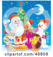 Poster, Art Print Of Hedgehog Snowman And Bunny Waving With Santa On A Snowy And Starry Night