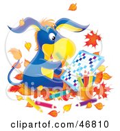 Poster, Art Print Of Blue Donkey Sitting In Autumn Leaves And Doing A Word Puzzle