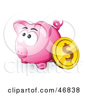 Poster, Art Print Of Dollar Coin Resting Against A Pink Piggy Bank