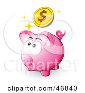 Poster, Art Print Of Pink Piggy Bank Looking Up At A Dollar Coin