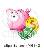 Royalty Free RF Clipart Illustration Of A Pink Piggy Bank With Cash And Coins