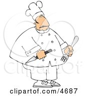 Overweight Male Restaurant Chef Holding A Fork And Knife Clipart
