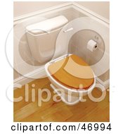 Poster, Art Print Of 3d Toilet With A Wooden Lid In A Bathroom With Wood Floors