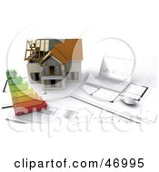 Poster, Art Print Of 3d Model Home With Energy Ratings Blueprints And A Laptop