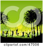 Royalty Free RF Clipart Illustration Of A Group Of Children Playing And Chasing Butterflies Against A Green Summer Sunset