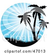 Royalty Free RF Clipart Illustration Of A Bright Blue Burst Of Sunlight Silhouetting Tropical Palm Trees