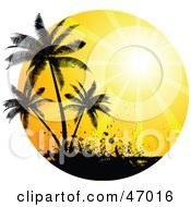 Royalty Free RF Clipart Illustration Of An Orange Sun Burst Silhouetting Tropical Palm Trees And Grunge
