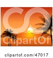 Royalty Free RF Clipart Illustration Of A Stunning Orange Setting Sun Behind Island Mountains Framed By Palm Trees