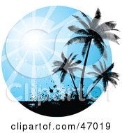 Royalty Free RF Clipart Illustration Of A Blue Sun Burst Silhouetting Tropical Palm Trees And Grunge