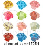 Digital Collage Of Colorful Patterned Scallop Sea Shells