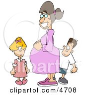 Happy Pregnant Mother Standing With Her Daughter And Son Clipart