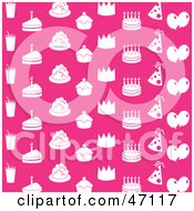 Poster, Art Print Of Pink Background With White Drinks Cakes Cupcakes Crowns Party Hats And Balloons