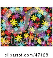 Clipart Illustration Of A Black Background With Crowded Colorful Flowers