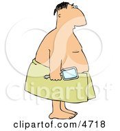 Clean Showered Man Wearing A Towel Around His Waist And Holding A Mirror Clipart