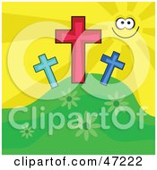 Clipart Illustration Of A Happy Sun Smiling And Shining On Three Crosses On A Hill