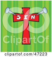 Clipart Illustration Of Stakes Pinned Into A Red Sin Cross On A Green Striped Background