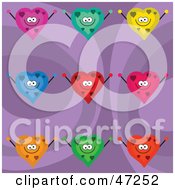 Clipart Illustration Of A Retro Purple Background With Happy Colorful Hearts