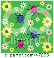Poster, Art Print Of Green Background With Swirls Flowers And Ladybugs