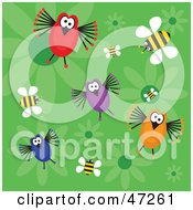 Poster, Art Print Of Green Background Of Funny Birds Bees And Flowers