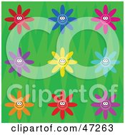 Clipart Illustration Of A Green Background Of Happy Colorful Flowers