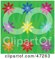 Poster, Art Print Of Green Background Of Happy Colorful Flowers