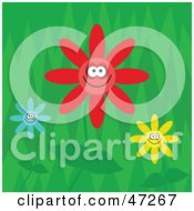 Clipart Illustration Of A Green Background With Three Happy Flowers In A Garden by Prawny