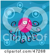Poster, Art Print Of Pink Octopus With Bubbles In Blue Water