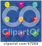 Clipart Illustration Of A Digital Collage Of Colorful Octopuses On A Blue Wave Background
