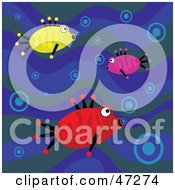 Poster, Art Print Of Blue Wave Background With Three Fish Blowing Bubbles