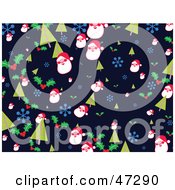 Poster, Art Print Of Blue Background Of Christmas Trees Snowflakes Holly And Santas