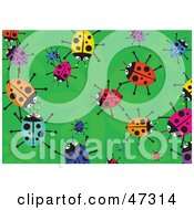 Green Background With Scattered Colorful Ladybugs