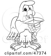 Royalty Free RF Clipart Illustration Of A Bald Eagle Hawk Or Falcon Holding A Shark Tooth Outline